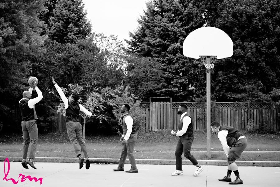 groomsmen playing basketball