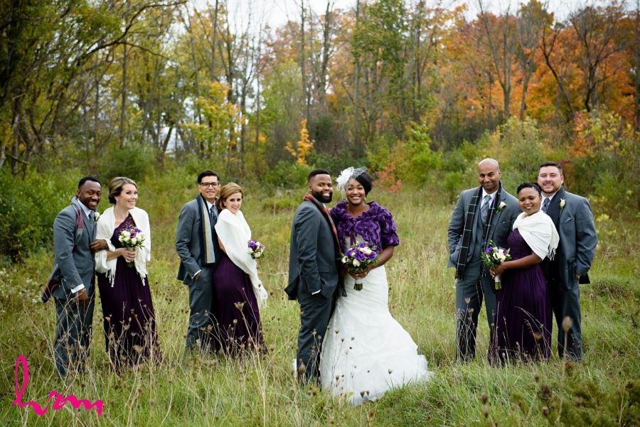 wedding party in autumn forest