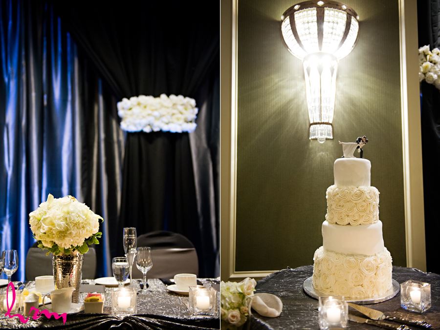 bling white wedding cake in reception room at lamplighter inn