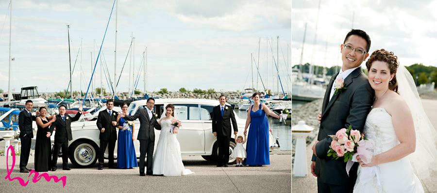 bridal party on dock with boats in oakville ontario