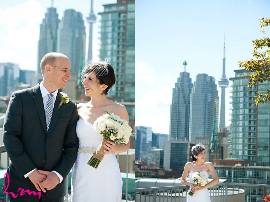 bride and groom with cn tower laughing