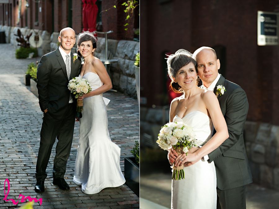 a happy couple enjoying the outdoors of the distillery district