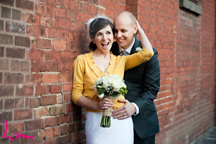 bride being silly with yellow cardigan