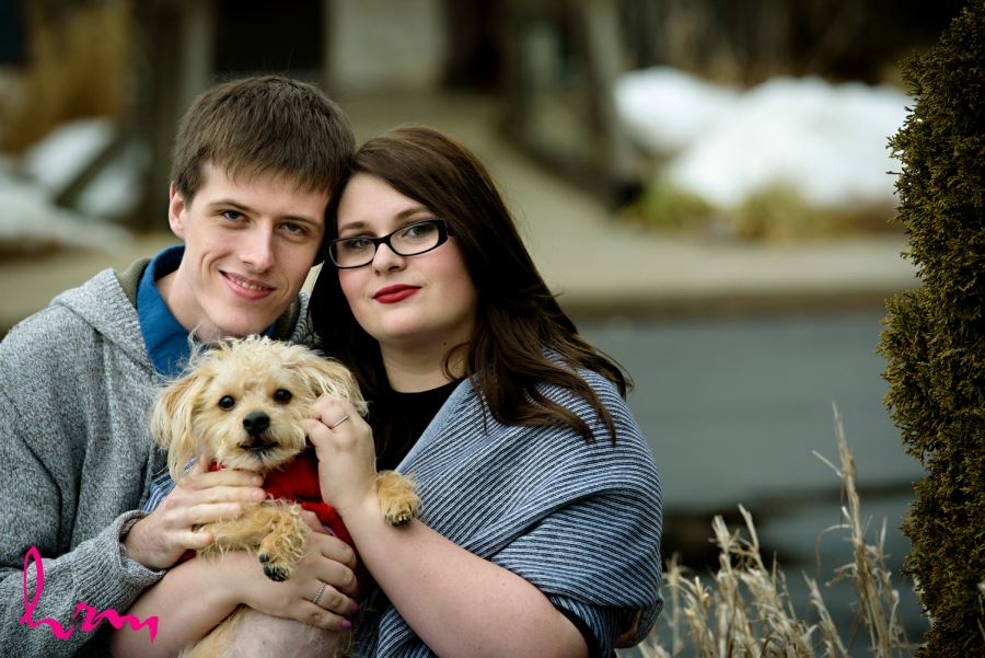 Engagement session with small dog in sweater