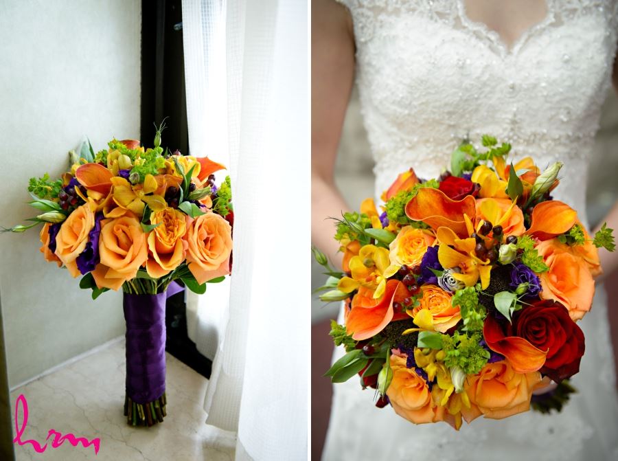 orange purple wedding bridal bouquet calla lillies and roses