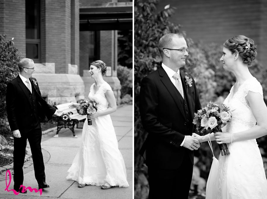 first look in black and white wedding day
