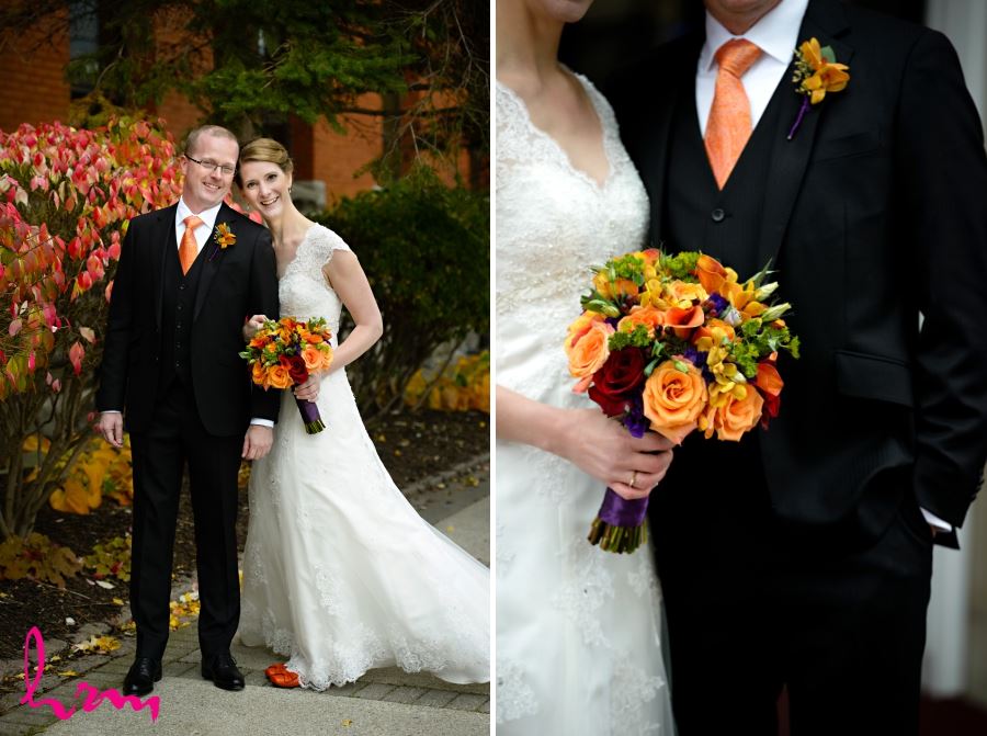 groom with orange tie and black vest fall wedding