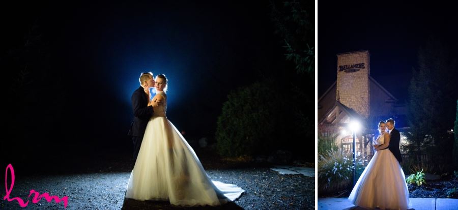 bride and groom outside at night
