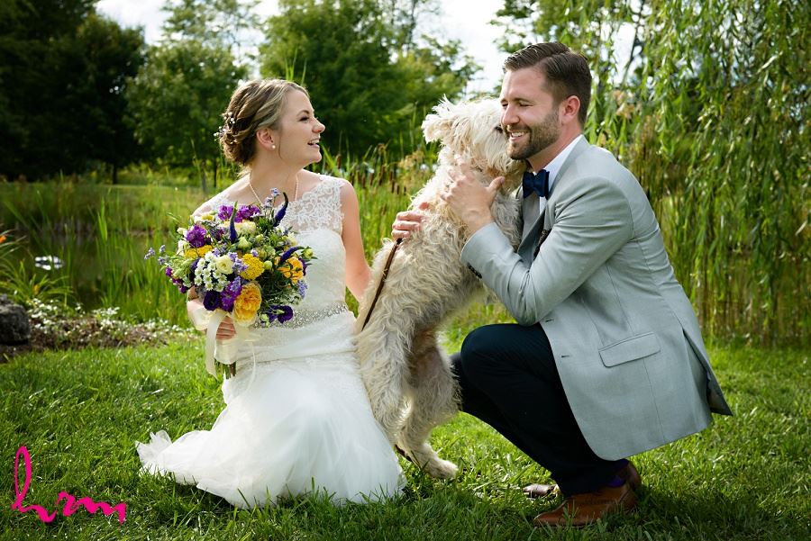 Photo of bride, groom and dog by London Ontario Wedding Photographer