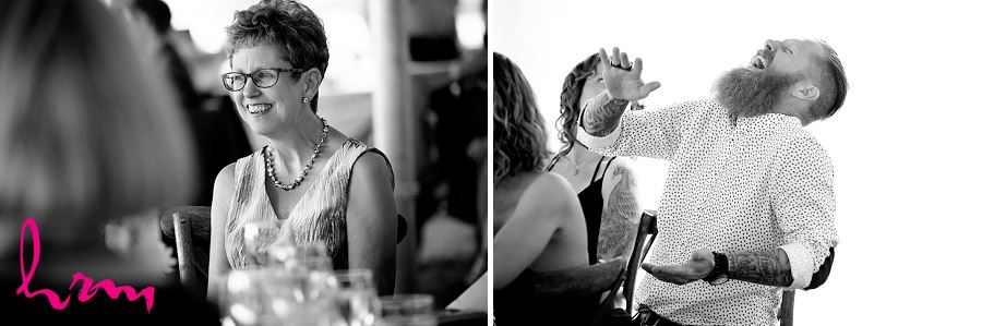 Black and white photos of wedding guests at dinner taken by London Ontario Wedding Photographer