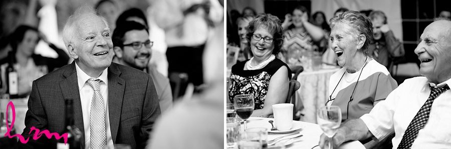 Black and white photos of wedding guests enjoying dinner taken by London Ontario wedding photographer
