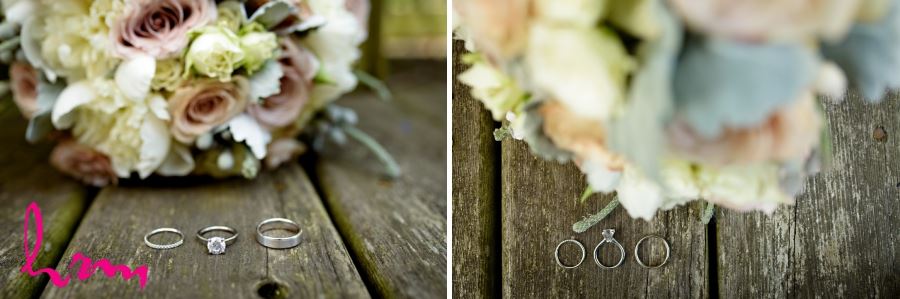 unique wedding ring shot with bridal bouquet