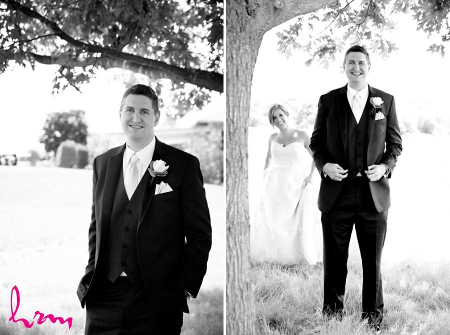 first look bride and groom on wedding day in black and white