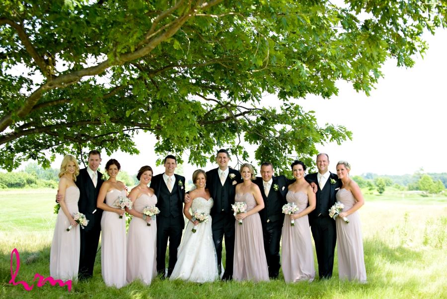 wedding party in black pink dusty rose and ivory