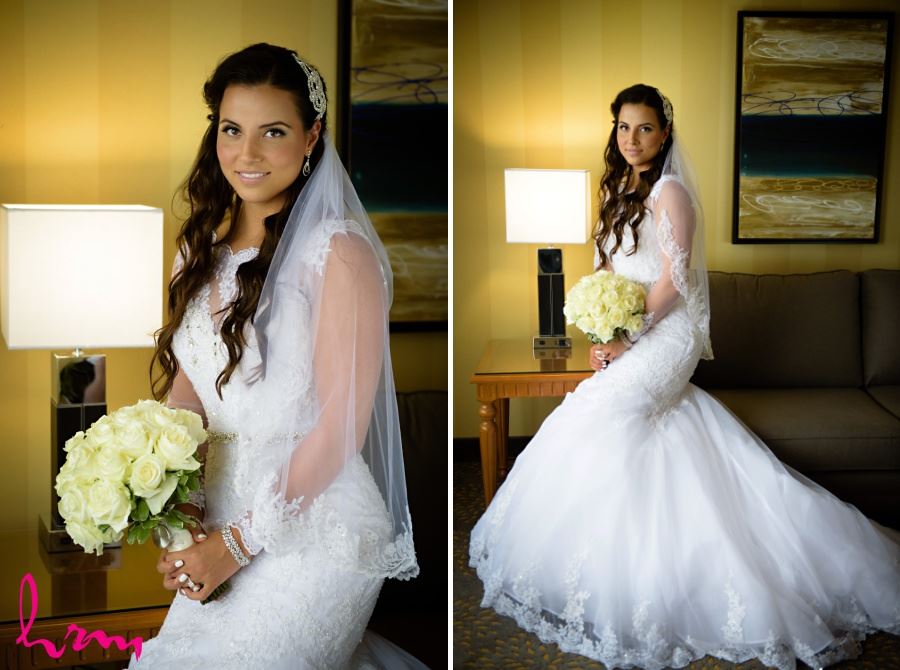 Bridal gown sheer sleeves with lace veil