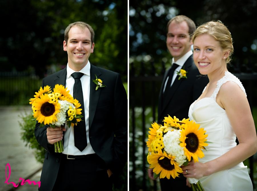 groom holding sunflower bridal bouquet