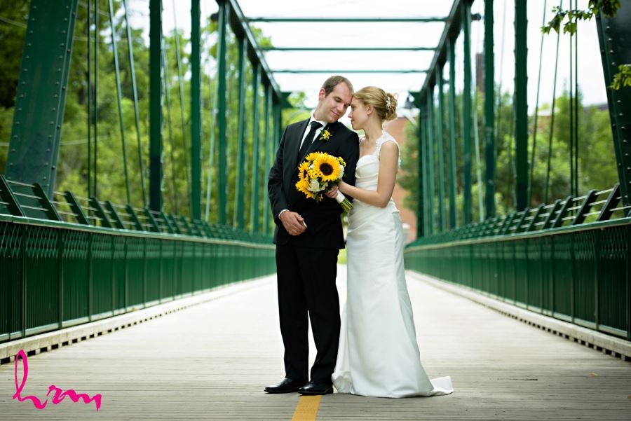 bride and groom on green bridge downtown London ontario