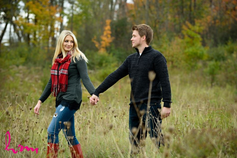 Fall Engagement Session red rubber boots and red scarf