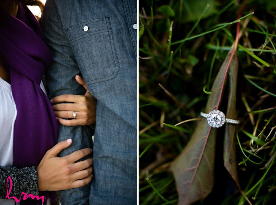 engagement session photography close up of ring on leaf