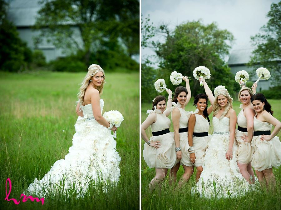 Wedding photography bridge and bridesmaids in field