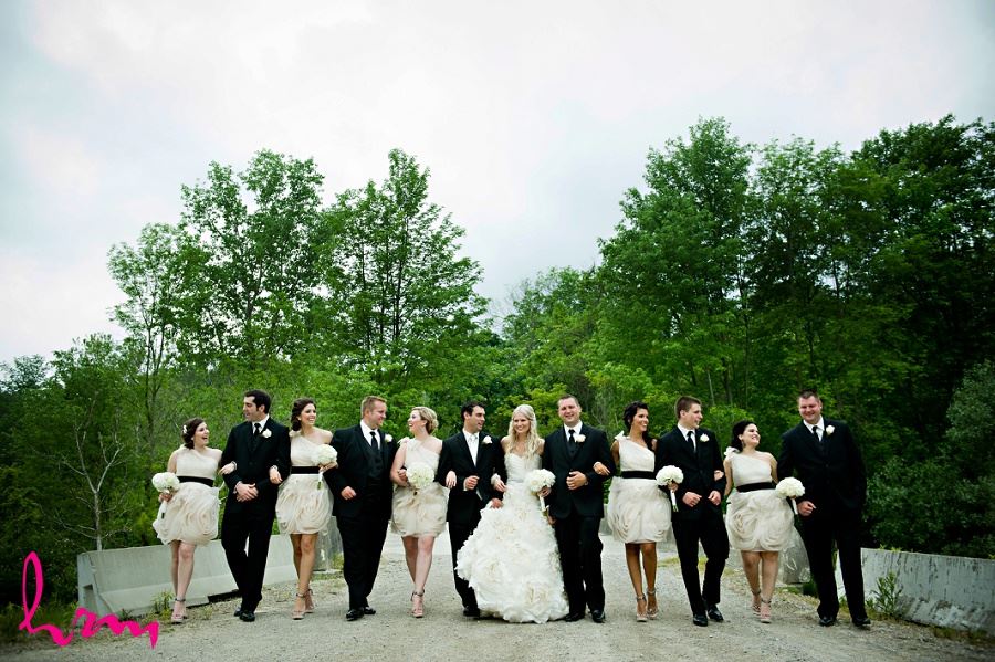 Wedding party walking arm in arm in wedding photo