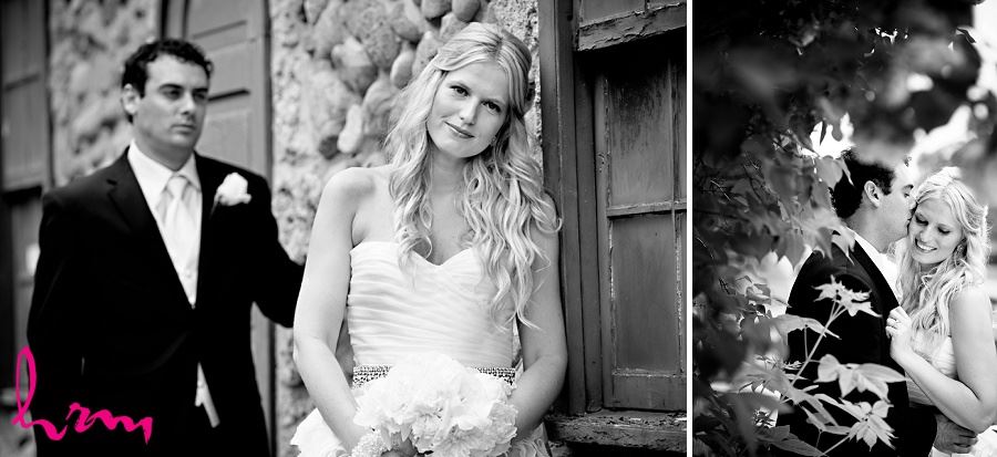 Black and white Wedding photograph of bride and groom in rustic setting