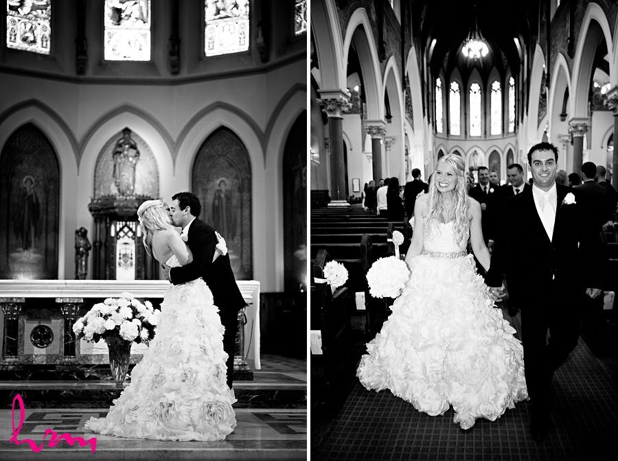 Black and white wedding photos of bride and groom walking down aisle