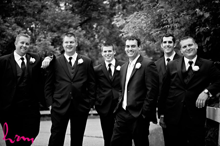 Black and white picture of groomsmen taken by London Ontario wedding photographer