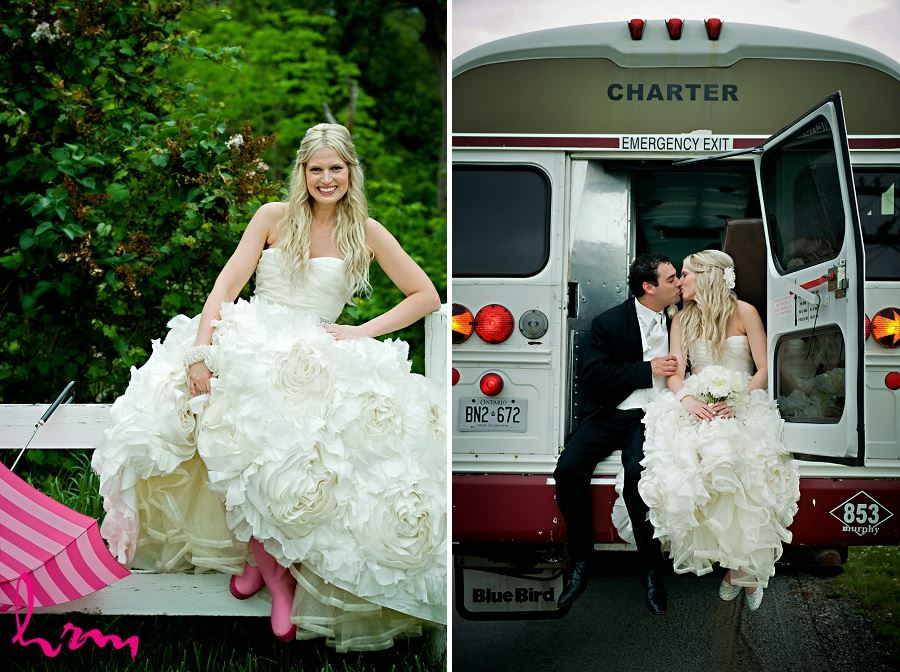 Wedding photo of bride and groom on bus
