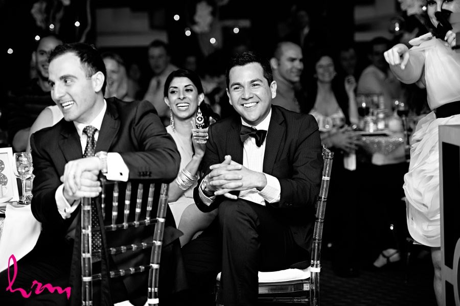 Black and whitie photo of wedding guests taken by London Ontario wedding photographer