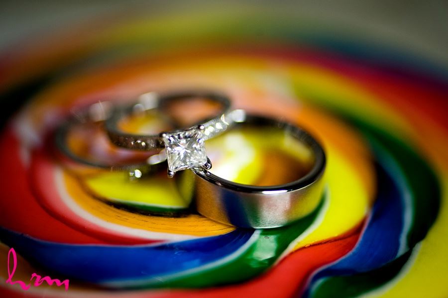 Wedding rings on candy background taken by London Ontario wedding photographer