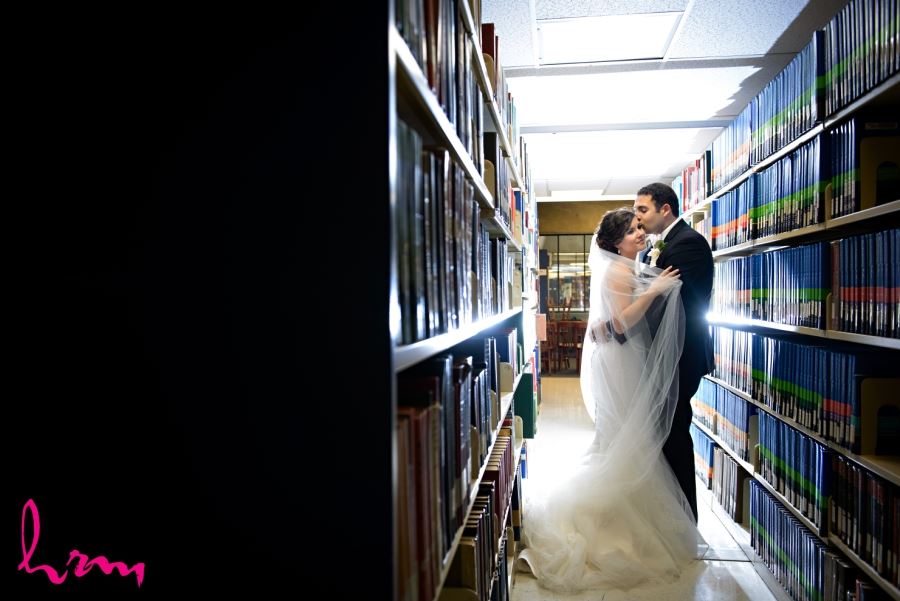 bride in groom in library western university