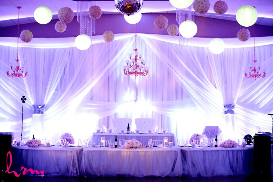 wedding decor inspiration head table with hanging lanterns and chandeliers
