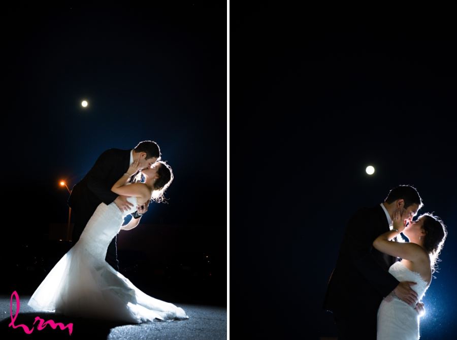 bride and groom wedding day outdoor shot nighttime with moon