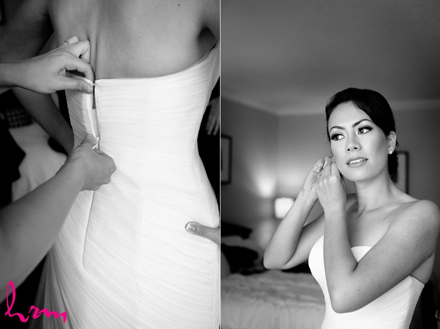 Black and white photo of Geneviève getting in to dress London ON Wedding Photography