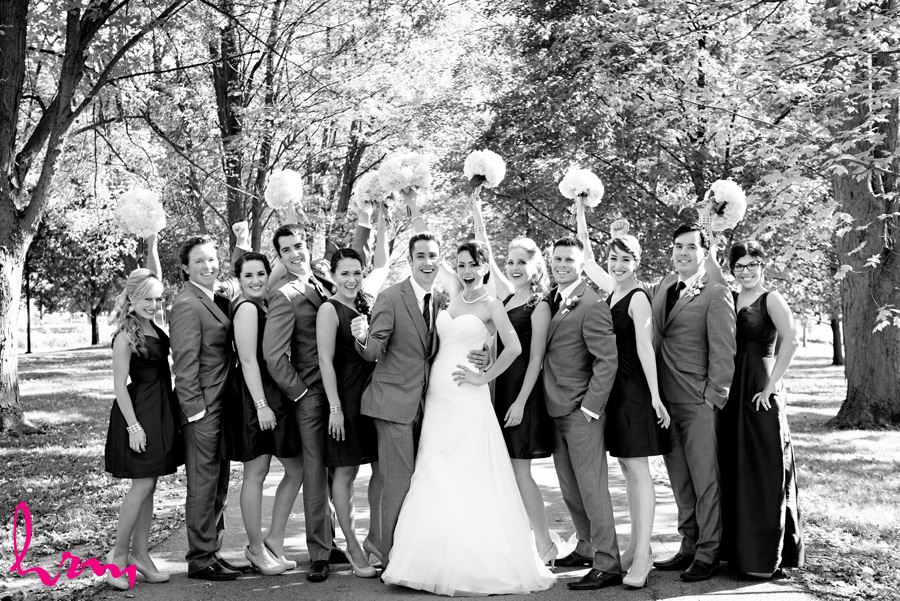 Black and white Bridal party outside St. Peter's Cathedral London ON Wedding Photography