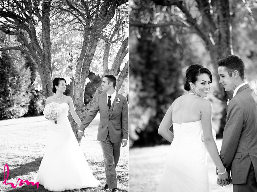 Black and white photos Geneviève + Will in orchard Heeman Greenhouses London ON Wedding HRM Photography