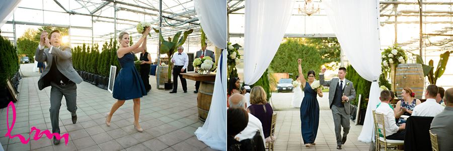 Photos of Bridal party entering reception at Heeman Greenhouses London ON Wedding Photography