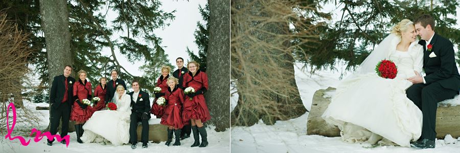 winter wedding party outside by trees in ingersoll ontario