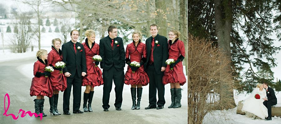 red and black wedding party outside in the snow