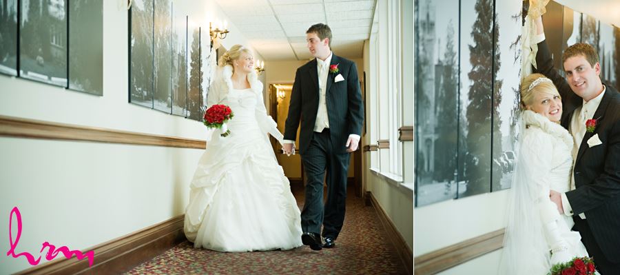 bride and groom walking down hall at the elmhurst inn