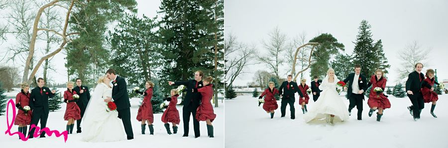 winter wedding party running in the snow