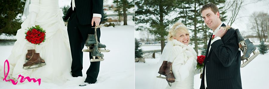 winter bride and groom with skates in the snow