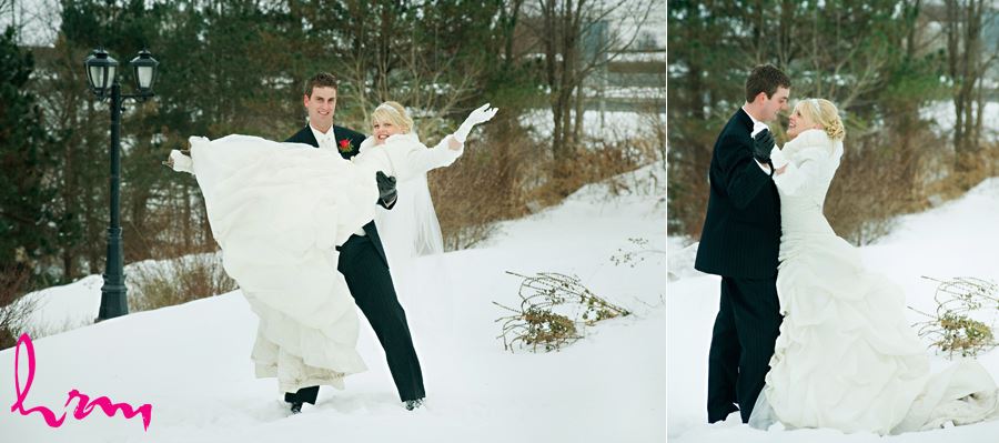 winter wedding groom picking up bride