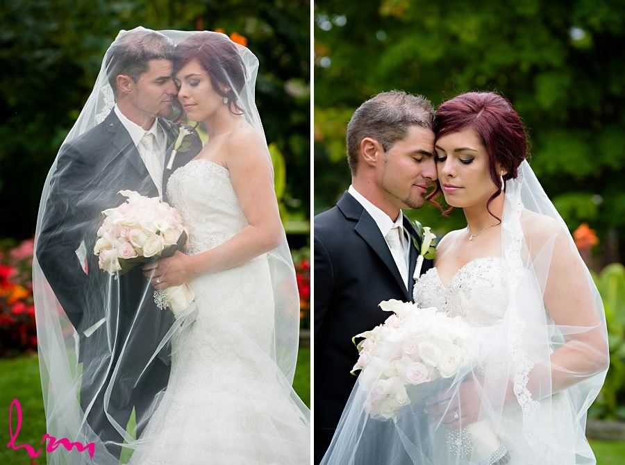 bride and groom under bride's veil
