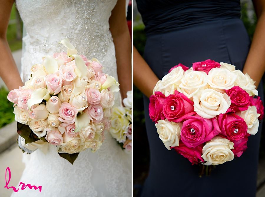bridal bouquets with roses and crystal centres