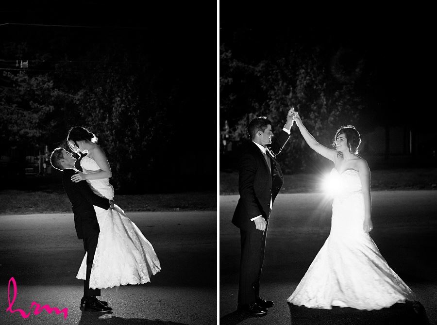 nighttime wedding photography bride and groom dancing outside