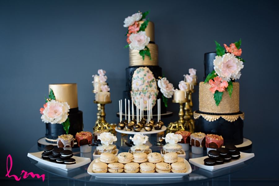 sweets table wedding black gold coral 