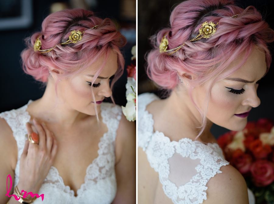 natural wedding day hair updo with gold hair piece headband