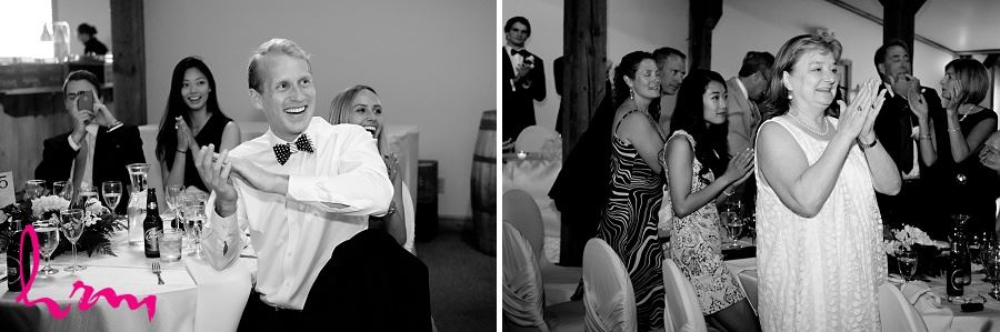 Black and white wedding guests Bellamere Winery Event Centre London ON Wedding Photography